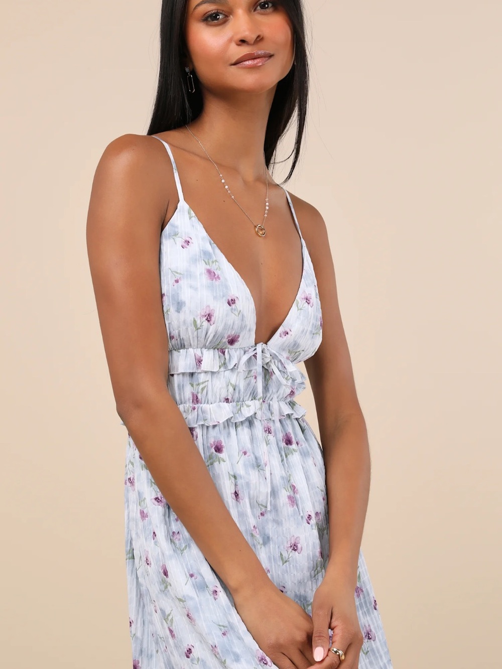 Lulus Sandi Light Blue Floral Tie-Front Midi Dress